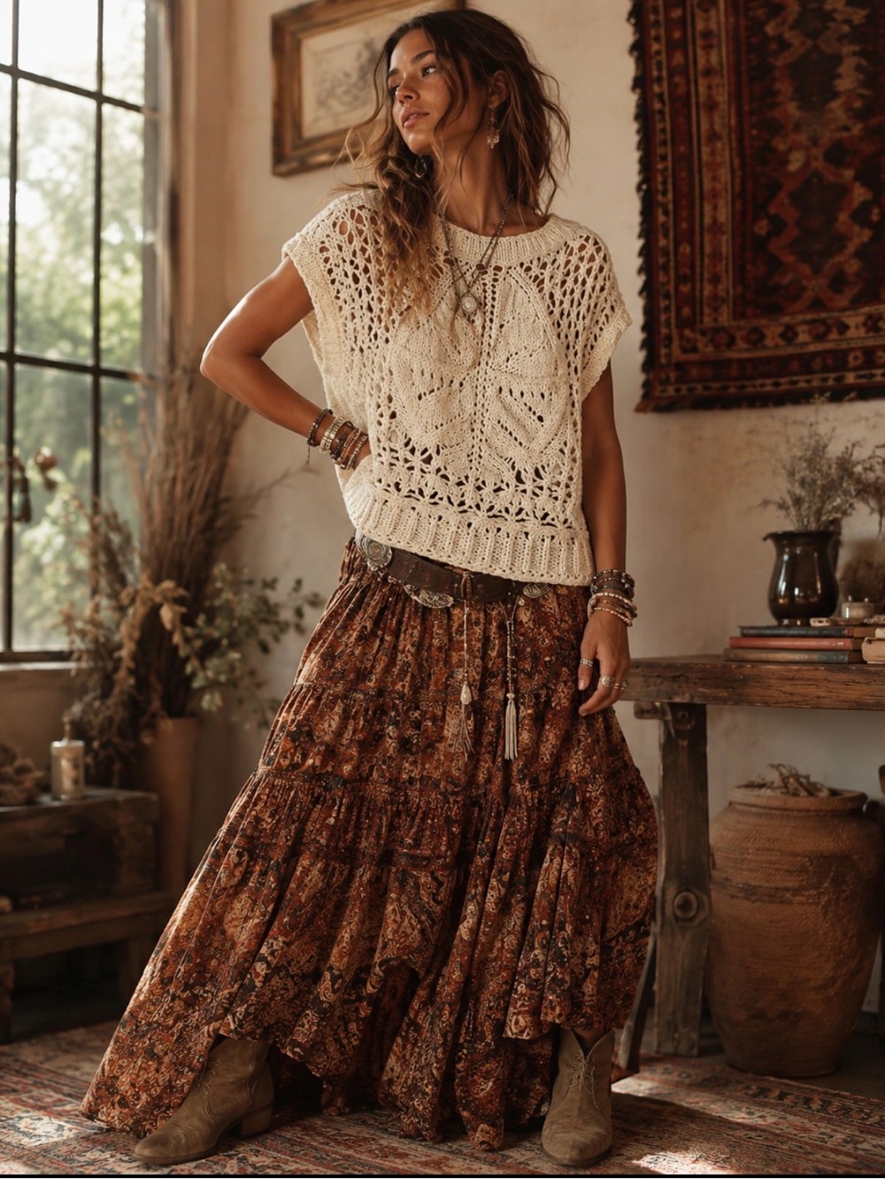 Free People Cream Crochet Scoop Sweater